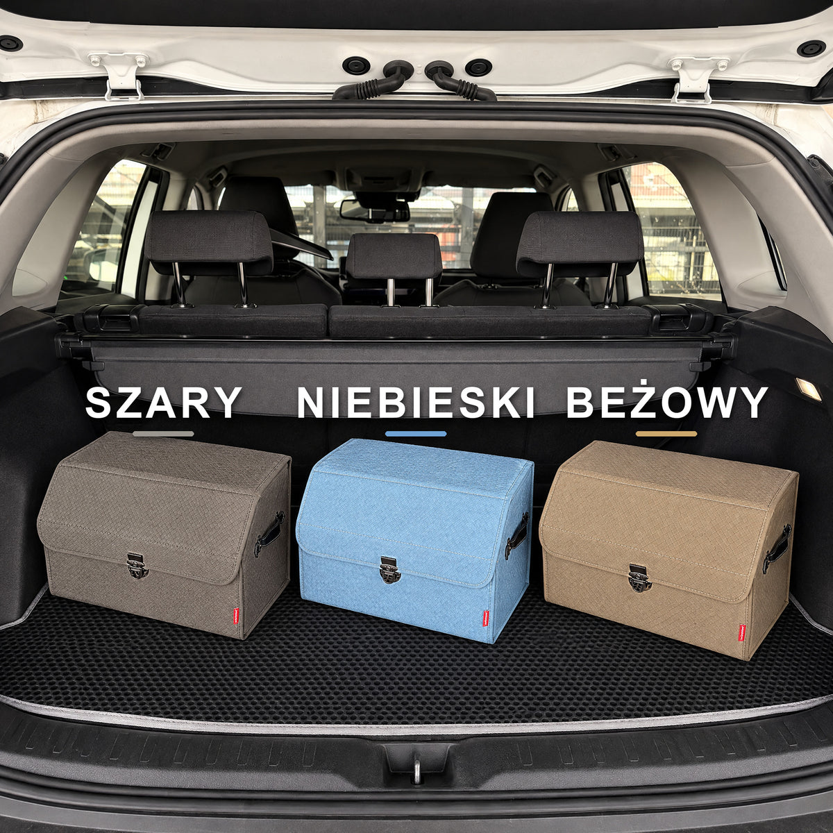 Organizery do bagażnika z przegrodą w trzech kolorach: szary, niebieski i beżowy, w bagażniku samochodu