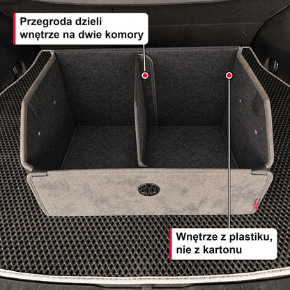 Otwarty organizer do bagażnika: przegroda dzieli wnętrze na dwie komory, wnętrze z plastiku, nie z kartonu